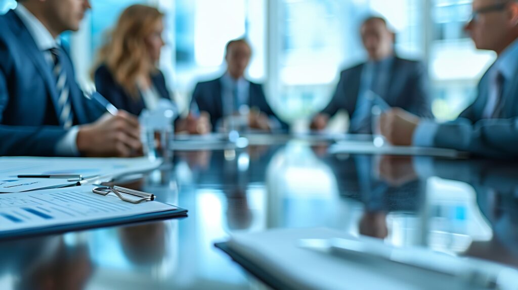 A team in business suits meeting around a glass conference table